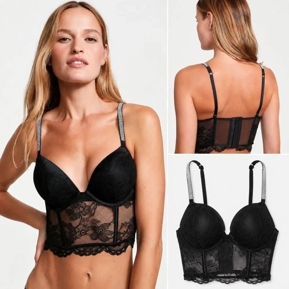 Victoria's Secret Very Sexy Shine Strap Push-Up Bustier Bra Black 36D Lace